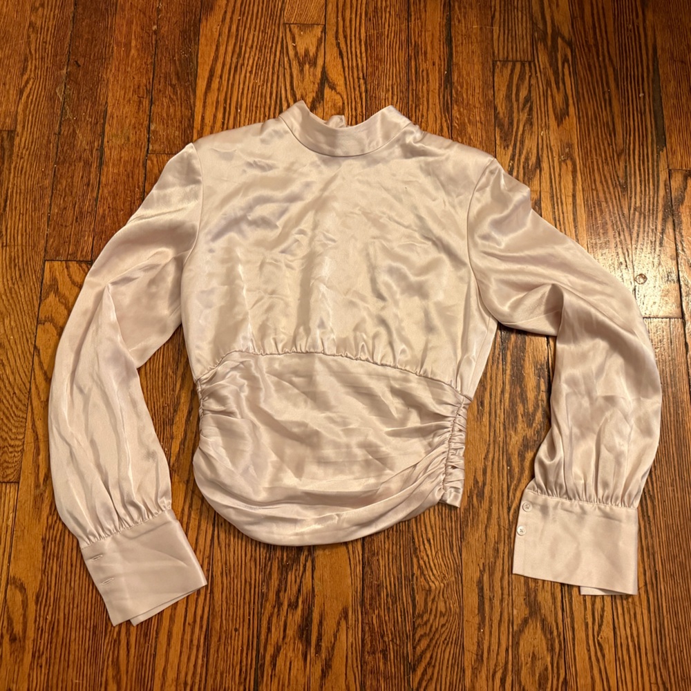 Babaton silk-like oyster / cream colored blouse, zip-back, structured size small